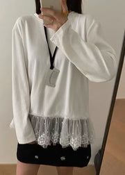 Casual White O Neck Lace Patchwork Cotton T Shirts Top Spring