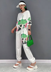 Casual White O-Neck Panda Print Cotton Two Piece Set Women Clothing Summer