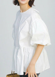 Casual White O-Neck Patchwork Cotton Shirt Puff Sleeve