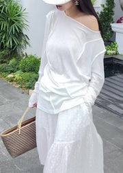 Casual White O-Neck Patchwork Top And Wide Leg Pants Two Pieces Set Long Sleeve