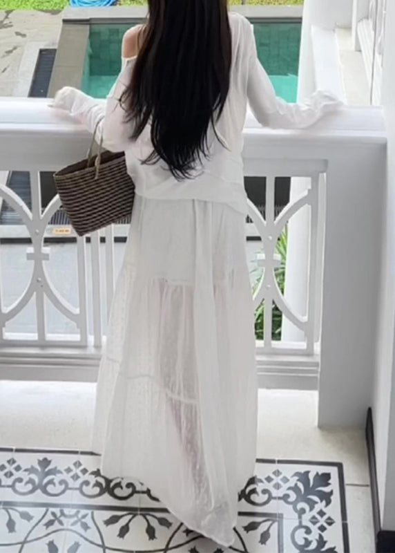 Casual White O-Neck Patchwork Top And Wide Leg Pants Two Pieces Set Long Sleeve