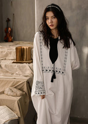 Casual White O-Neck Print Side Open Cotton Long Dress Spring