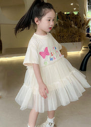 Casual White O Neck Ruffled Patchwork Tulle Kids Girls Dresses Summer