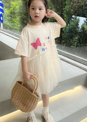 Casual White O Neck Ruffled Patchwork Tulle Kids Girls Dresses Summer