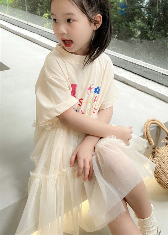 Casual White O Neck Ruffled Patchwork Tulle Kids Girls Dresses Summer