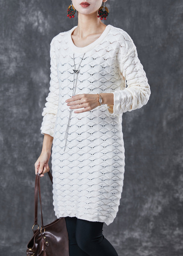 Casual White O-Neck Thick Knit Sweater Dress Winter