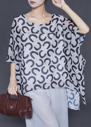 Casual White Oversized Print Chiffon Tank Tops Batwing Sleeve