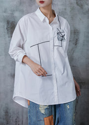 Casual White Oversized Print Cotton Shirt Tops Summer
