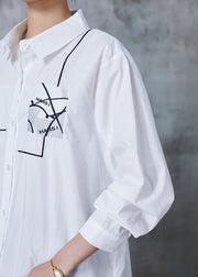 Casual White Oversized Print Cotton Shirt Tops Summer