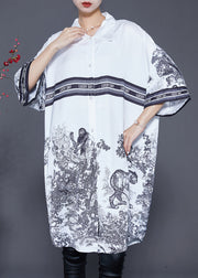 Casual White Oversized Print Ice Silk Shirt Dress Summer