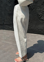 Casual White Patchwork Pockets High Waist Linen Crop Pants Summer