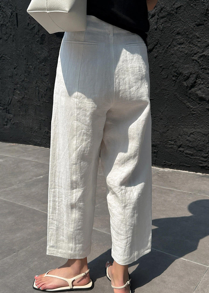 Casual White Patchwork Pockets High Waist Linen Crop Pants Summer