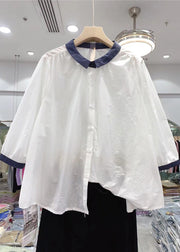 Casual White Peter Pan Collar Cotton Shirts Bracelet Sleeve