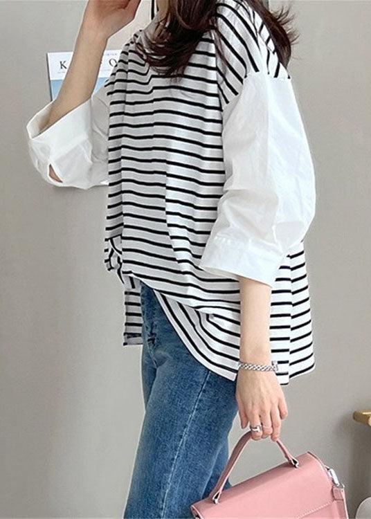 Casual White Peter Pan Collar Patchwork Striped Cotton Shirt Tops Half Sleeve