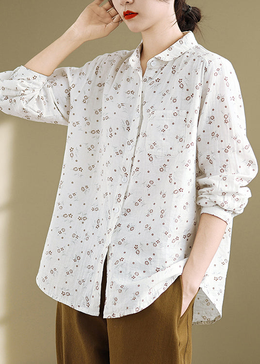 Casual White Peter Pan Collar Print Cotton Shirts Top Spring