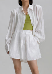 Casual White Peter Pan Collar Shirts And Shorts Two Pieces Set Long Sleeve