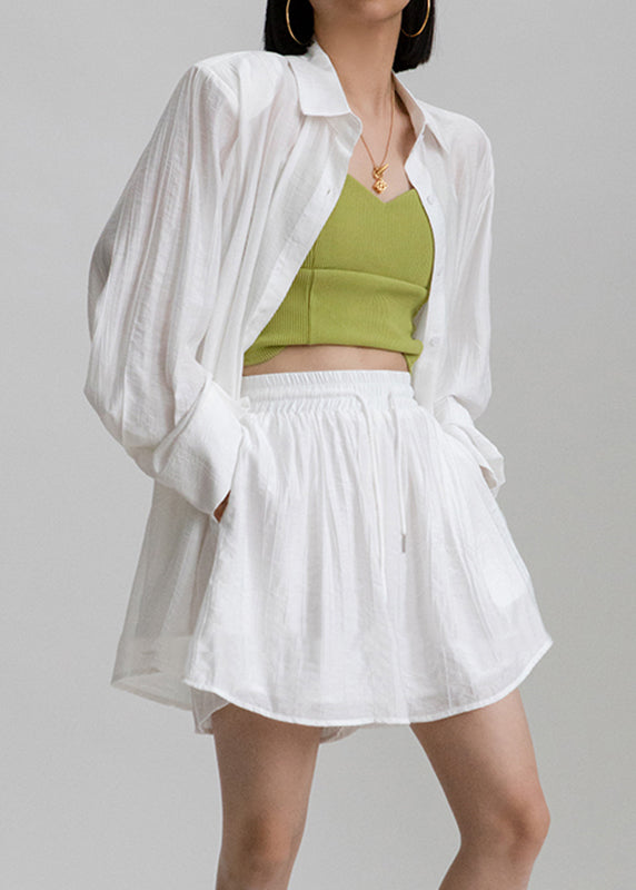 Casual White Peter Pan Collar Shirts And Shorts Two Pieces Set Long Sleeve