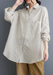 Casual White Peter Pan Collar Striped Loose Cotton Shirt Spring