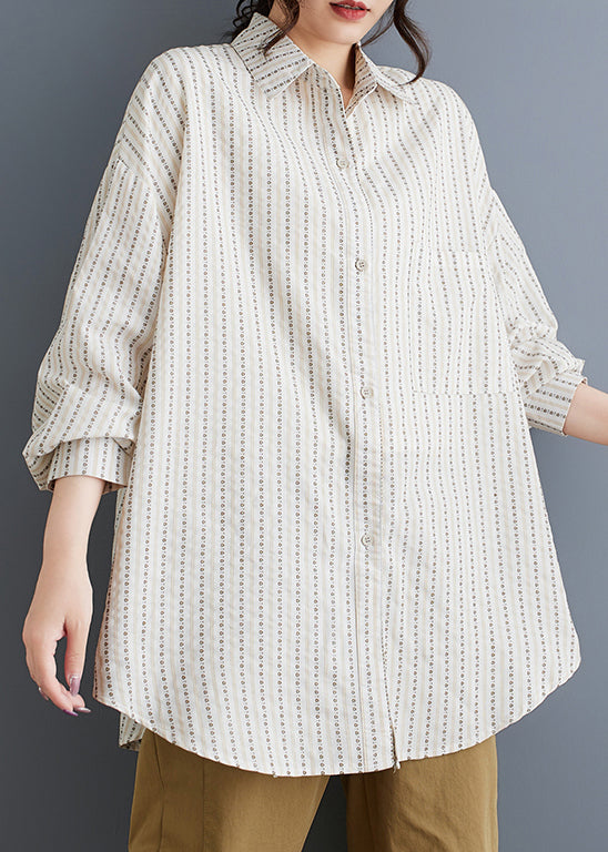 Casual White Peter Pan Collar Striped Loose Cotton Shirt Spring