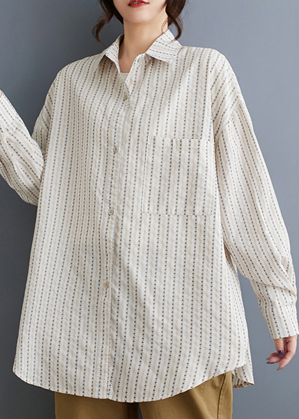 Casual White Peter Pan Collar Striped Loose Cotton Shirt Spring