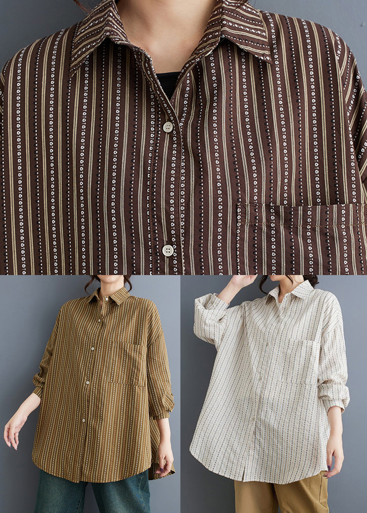 Casual White Peter Pan Collar Striped Loose Cotton Shirt Spring