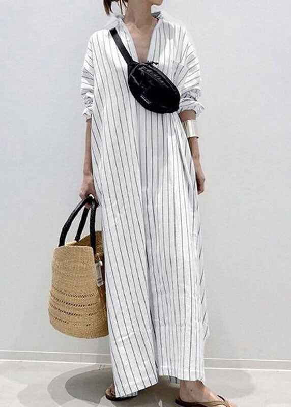 Casual White Peter Pan Collar Striped Maxi Shirts Dresses Long Sleeve