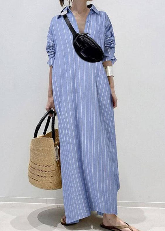 Casual White Peter Pan Collar Striped Maxi Shirts Dresses Long Sleeve