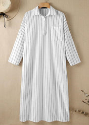 Casual White Peter Pan Collar Striped Maxi Shirts Dresses Long Sleeve