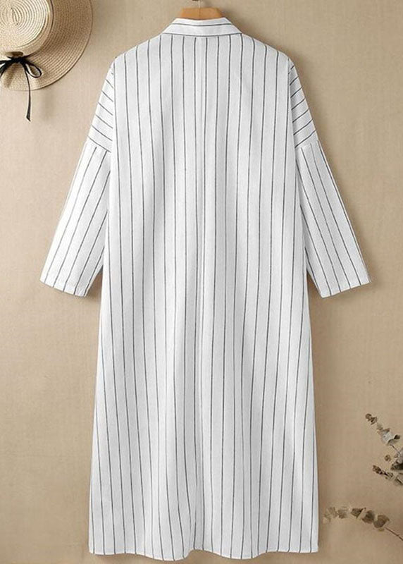 Casual White Peter Pan Collar Striped Maxi Shirts Dresses Long Sleeve
