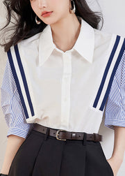 Casual White Peter Pan Collar Striped Patchwork Top Half Sleeve