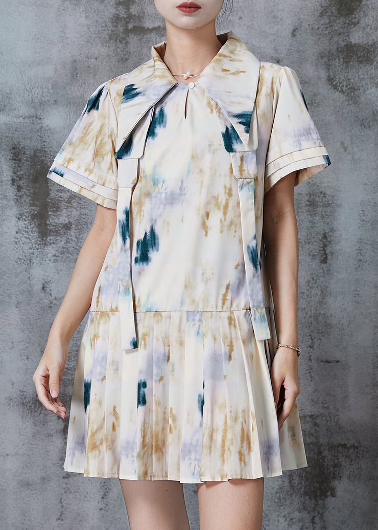 Casual White Peter Pan Collar Tie Dye Cotton Pleated Dresses Summer