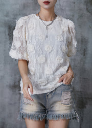 Casual White Puff Sleeve Floral Lace Shirts Summer