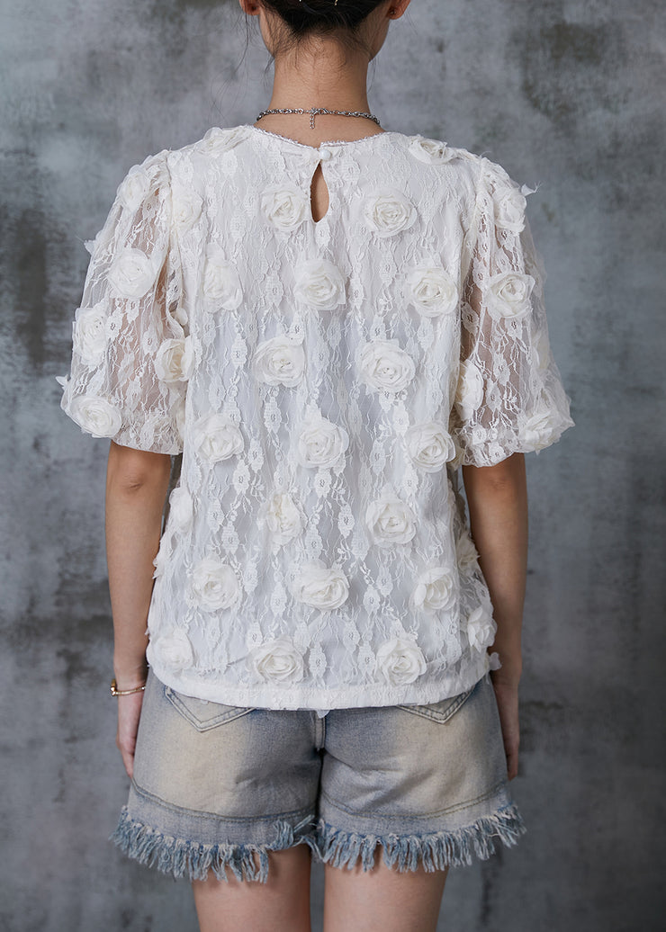 Casual White Puff Sleeve Floral Lace Shirts Summer