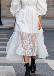 Casual White Puff Sleeve Patchwork Tulle Cotton Party Dress Spring