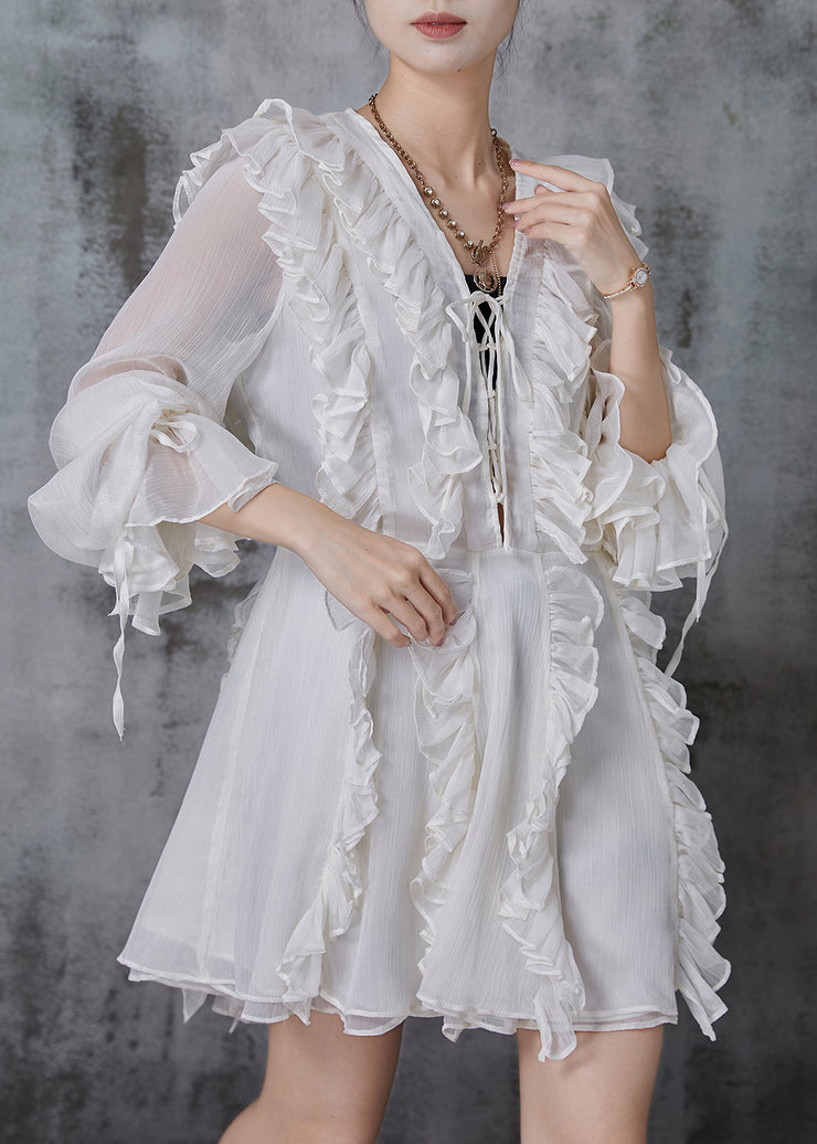 Casual White Ruffled Chiffon Tea Dress Summer