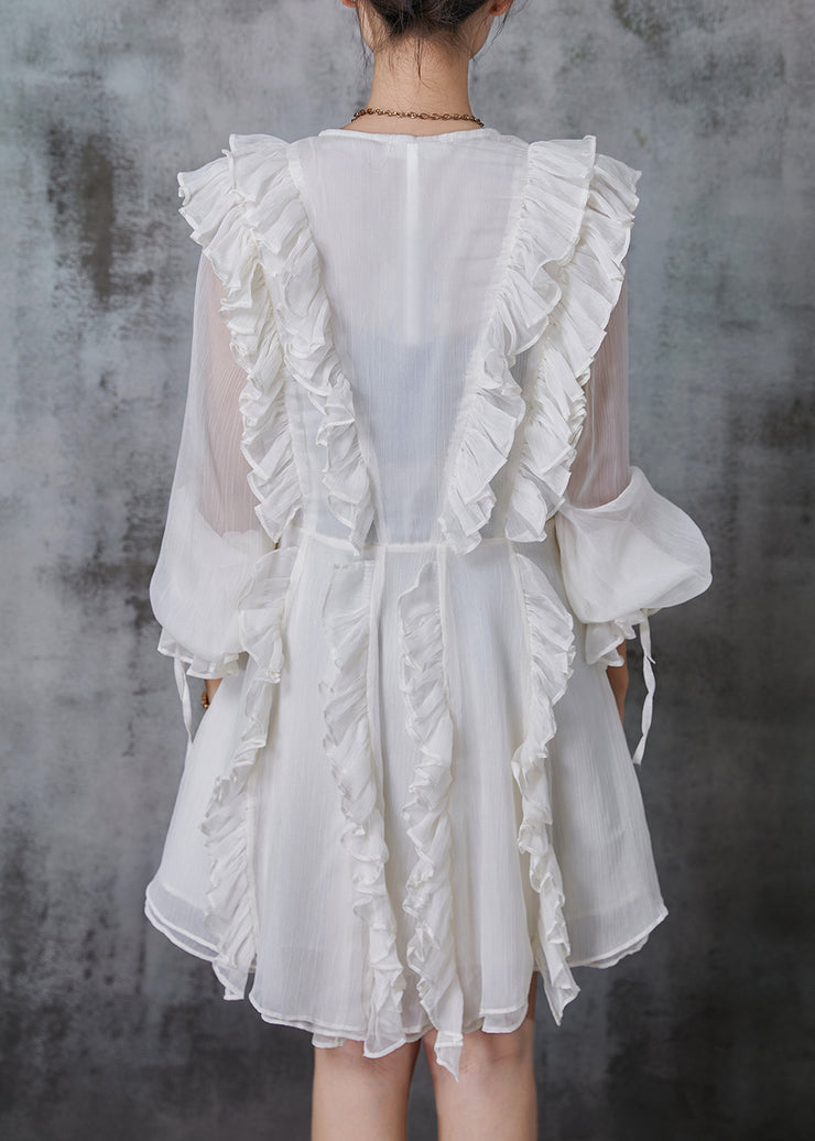 Casual White Ruffled Chiffon Tea Dress Summer