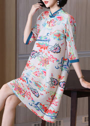 Casual White Stand Collar Print Button Wrinkled Long Dresses Half Sleeve