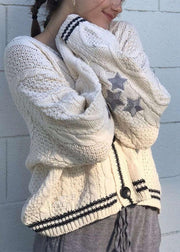 Casual White V Neck Embroidered Knit Cardigan Fall