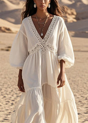 Casual White V Neck Patchwork Hollow Out Cotton Dress Lantern Sleeve