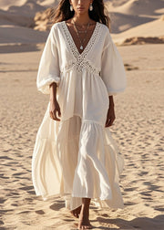 Casual White V Neck Patchwork Hollow Out Cotton Dress Lantern Sleeve