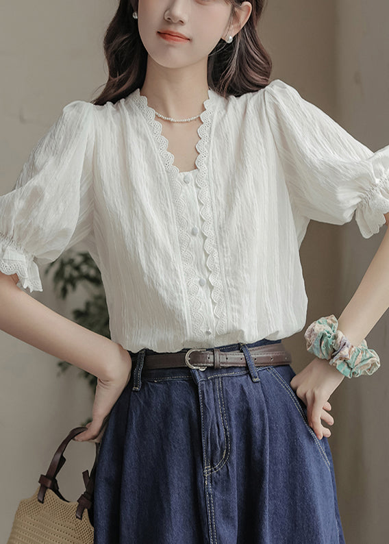 Casual White V Neck Patchwork Lace Top Summer