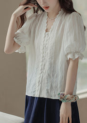 Casual White V Neck Patchwork Lace Top Summer