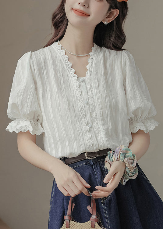 Casual White V Neck Patchwork Lace Top Summer