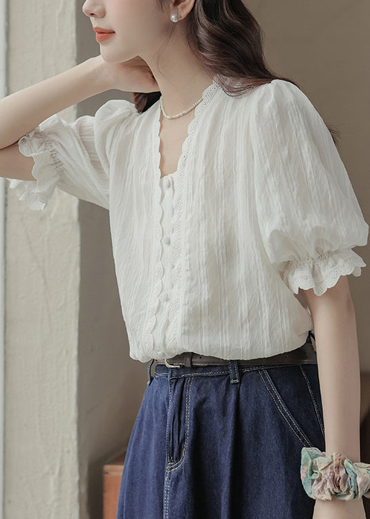 Casual White V Neck Patchwork Lace Top Summer