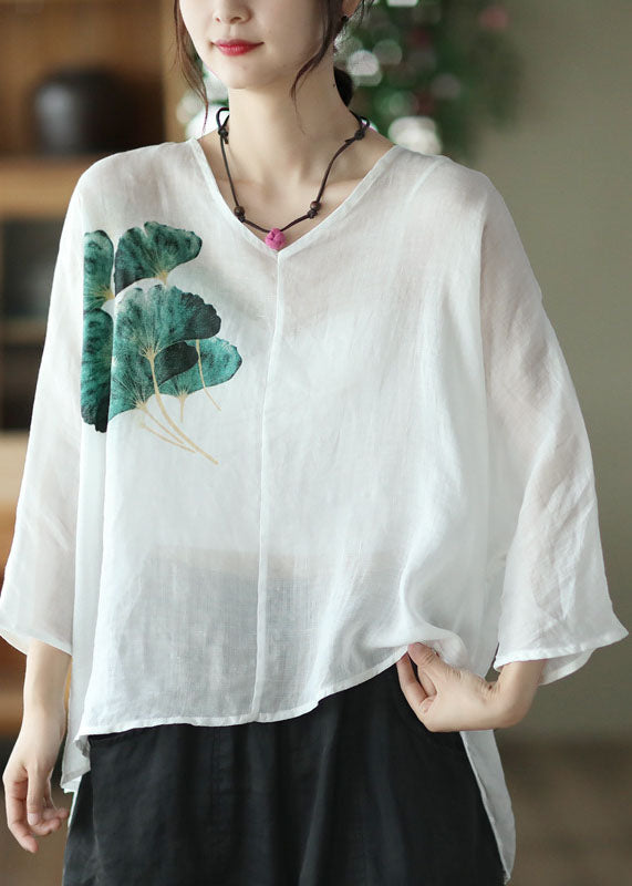 Casual White V Neck Print Linen Shirt Top Batwing Sleeve