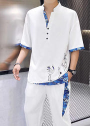 Casual White V Neck Print Patchwork Ice Silk Men T Shirt And Beam Pants Two Piece Set Summer