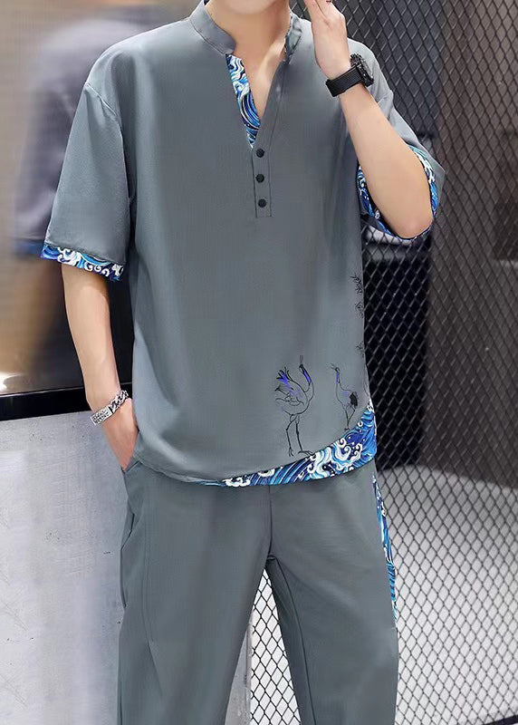 Casual White V Neck Print Patchwork Ice Silk Men T Shirt And Beam Pants Two Piece Set Summer