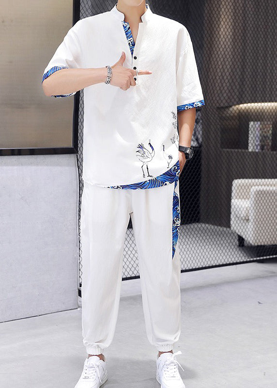 Casual White V Neck Print Patchwork Ice Silk Men T Shirt And Beam Pants Two Piece Set Summer