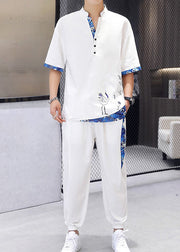 Casual White V Neck Print Patchwork Ice Silk Men T Shirt And Beam Pants Two Piece Set Summer