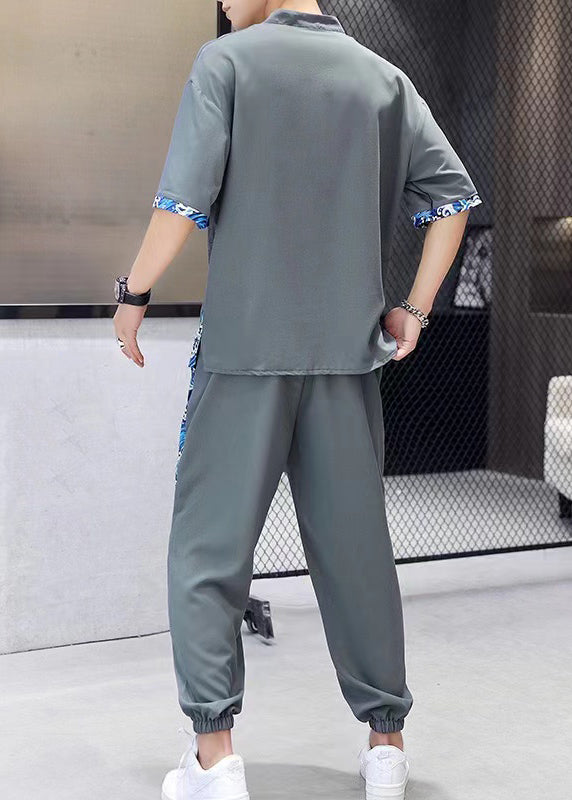 Casual White V Neck Print Patchwork Ice Silk Men T Shirt And Beam Pants Two Piece Set Summer